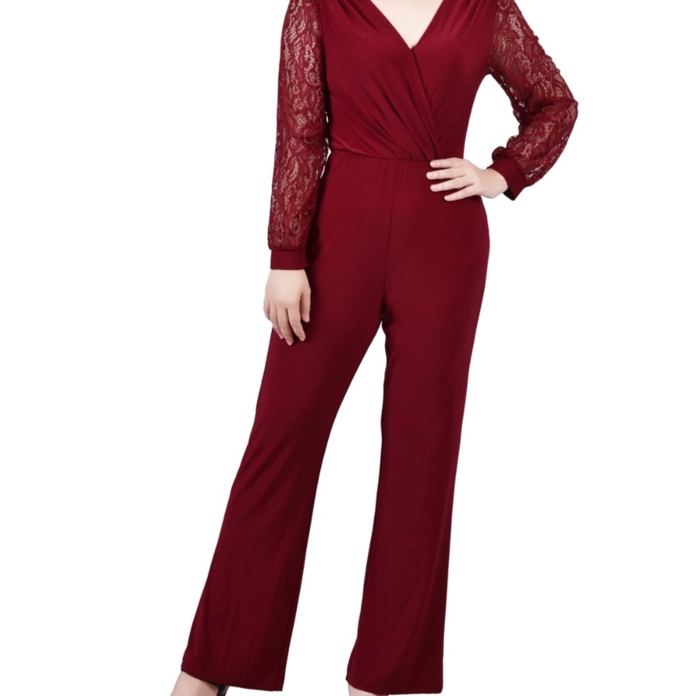 NY Collection Red Lace Sleeve Jumpsuit with V-Neck - Picture 1 of 5